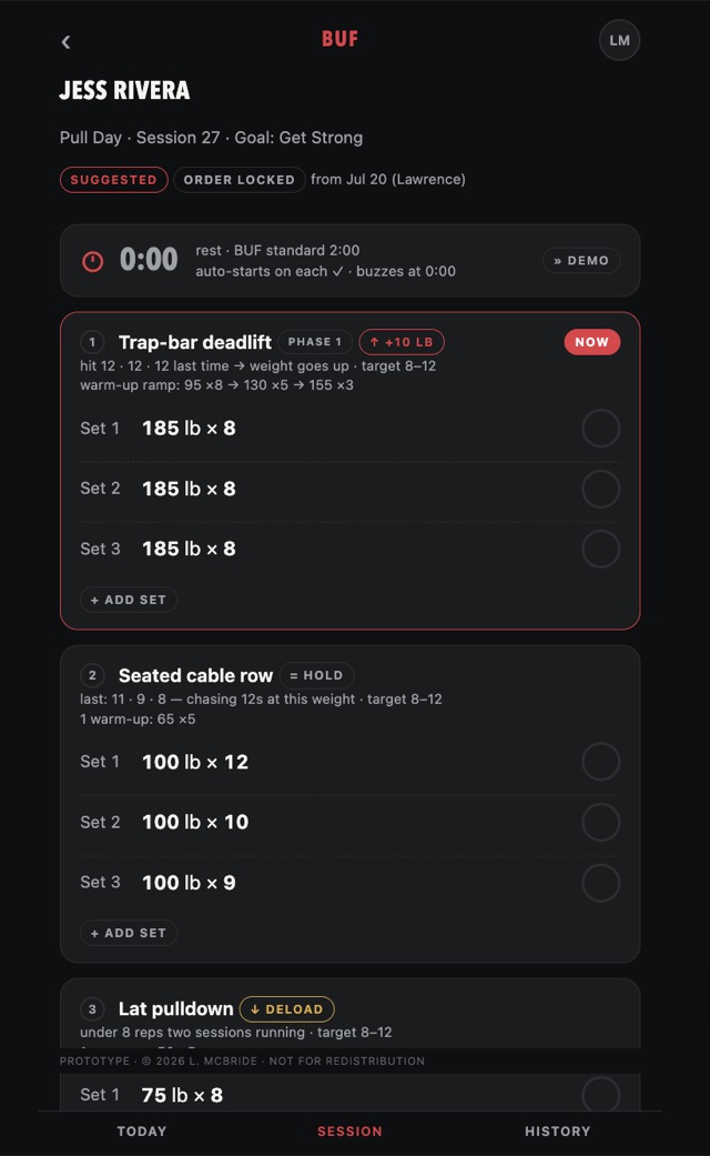 A session in progress, with the next weight set by the gym's own progression rule