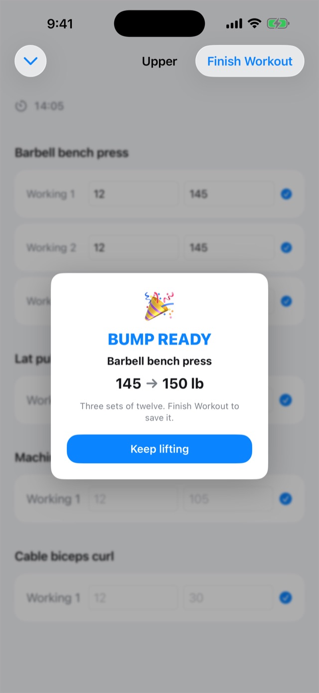 BUMP: logging a set, with the app confirming it is time to add weight